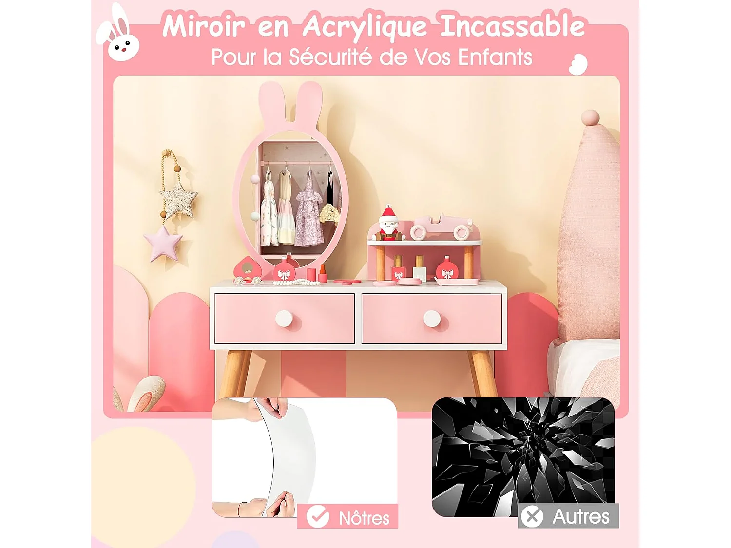 Coiffeuse enfant 2 en 1 avec miroir en forme lapin,table de maquillage en bois avec tabouret mignon