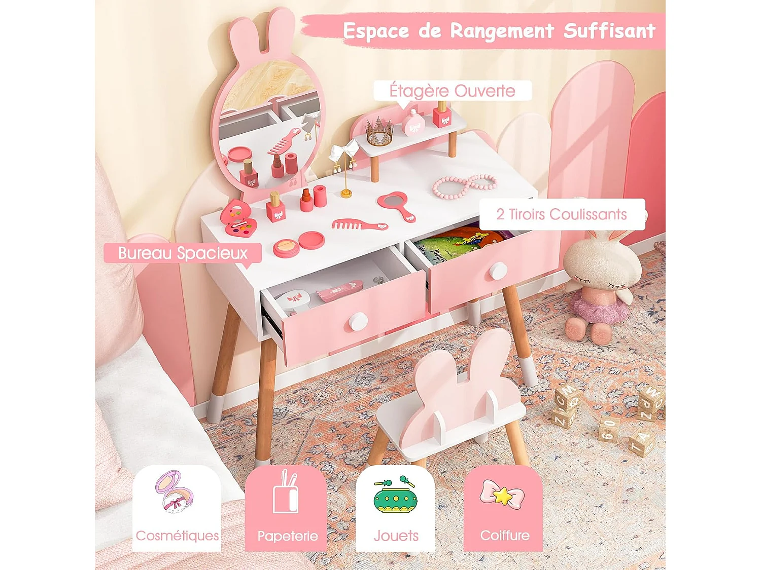 Coiffeuse enfant 2 en 1 avec miroir en forme lapin,table de maquillage en bois avec tabouret mignon