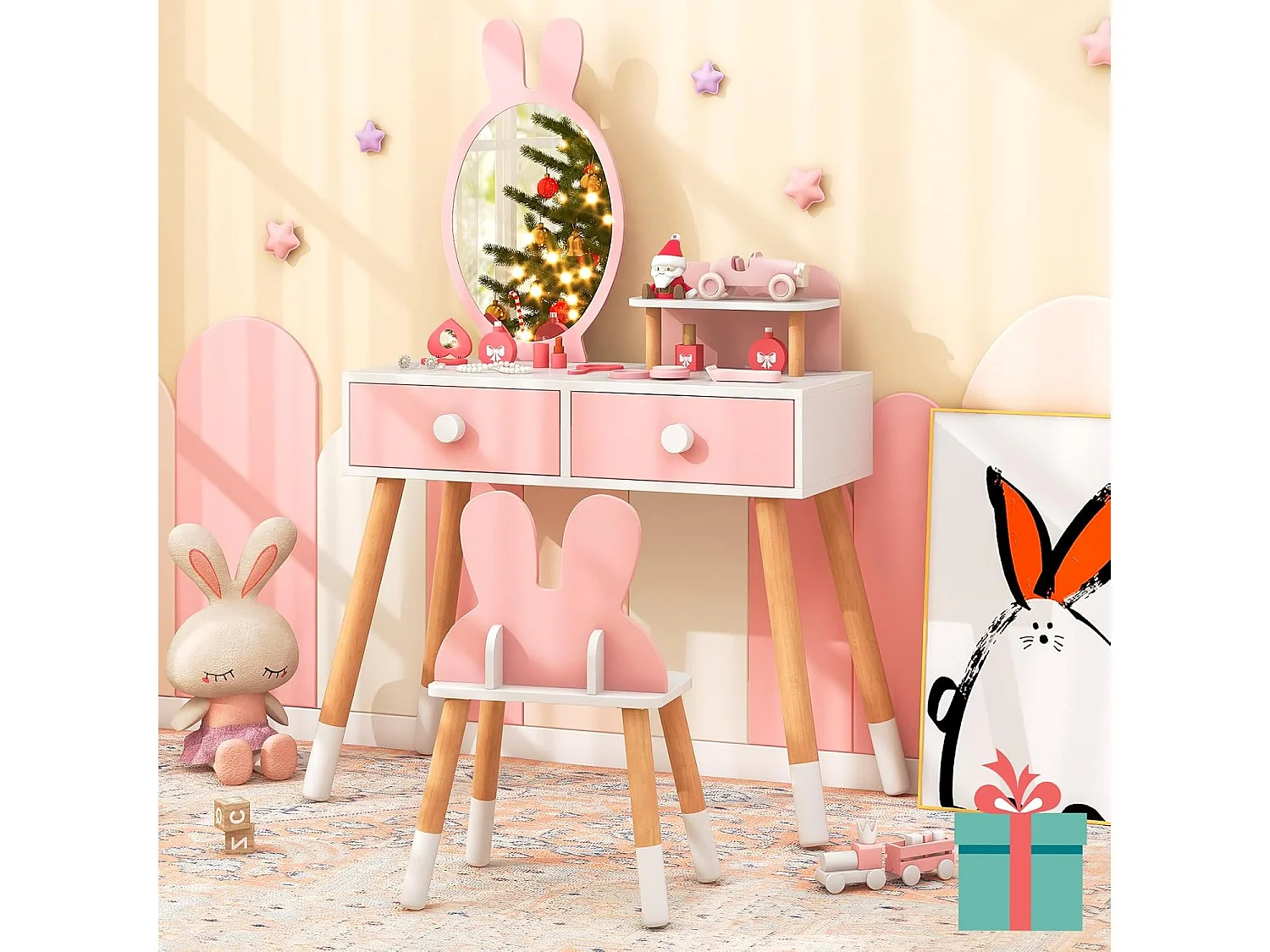 Coiffeuse enfant 2 en 1 avec miroir en forme lapin,table de maquillage en bois avec tabouret mignon