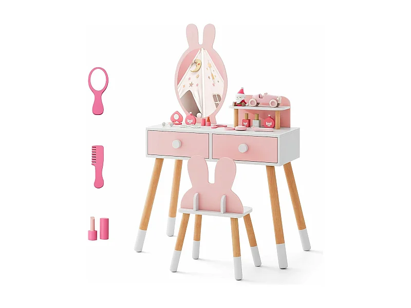 Coiffeuse enfant 2 en 1 avec miroir en forme lapin,table de maquillage en bois avec tabouret mignon