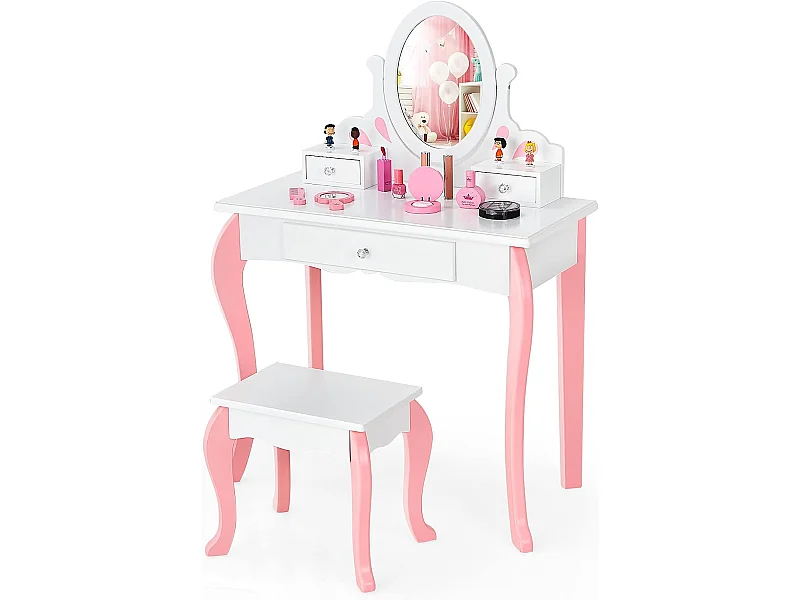 Coiffeuse avec Tabouret pour Enfants, Table de Maquillage en Bois avec Miroir Pivotant à 360°, 3 Tiroirs et Dessus Amovible, 70 x 33,5 x 99,5 cm, Blanc