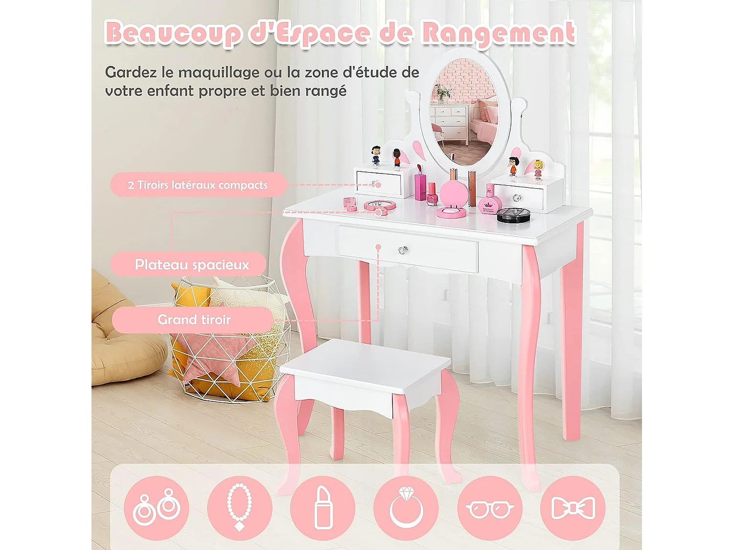 Coiffeuse avec Tabouret pour Enfants, Table de Maquillage en Bois avec Miroir Pivotant à 360°, 3 Tiroirs et Dessus Amovible, 70 x 33,5 x 99,5 cm, Blanc