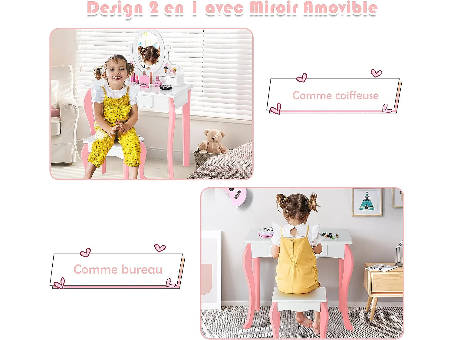 Coiffeuse avec Tabouret pour Enfants, Table de Maquillage en Bois avec Miroir Pivotant à 360°, 3 Tiroirs et Dessus Amovible, 70 x 33,5 x 99,5 cm, Blanc