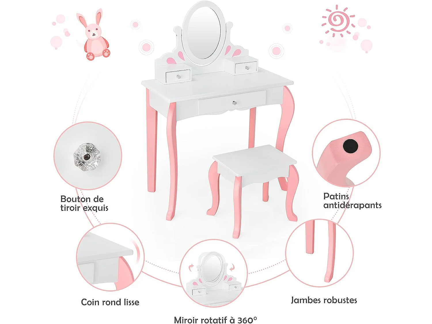 Coiffeuse avec Tabouret pour Enfants, Table de Maquillage en Bois avec Miroir Pivotant à 360°, 3 Tiroirs et Dessus Amovible, 70 x 33,5 x 99,5 cm, Blanc