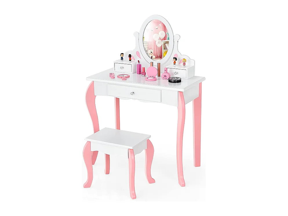 Coiffeuse avec Tabouret pour Enfants, Table de Maquillage en Bois avec Miroir Pivotant à 360°, 3 Tiroirs et Dessus Amovible, 70 x 33,5 x 99,5 cm, Blanc