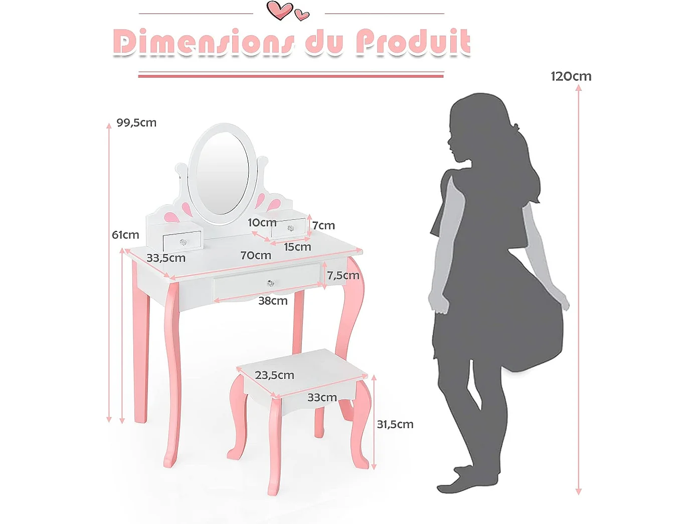 Coiffeuse avec Tabouret pour Enfants, Table de Maquillage en Bois avec Miroir Pivotant à 360°, 3 Tiroirs et Dessus Amovible, 70 x 33,5 x 99,5 cm, Blanc
