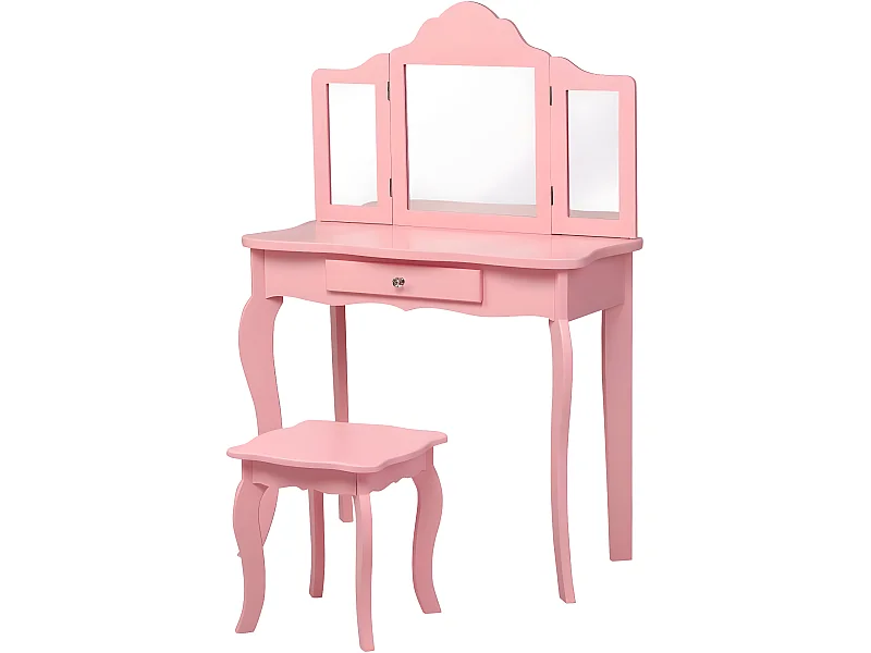 Coiffeuse Enfant Rose avec Tabouret, Table de Maquillage avec Miroir à Trois Panneaux et Tiroir, 70 x 34 x 103 CM, Rose