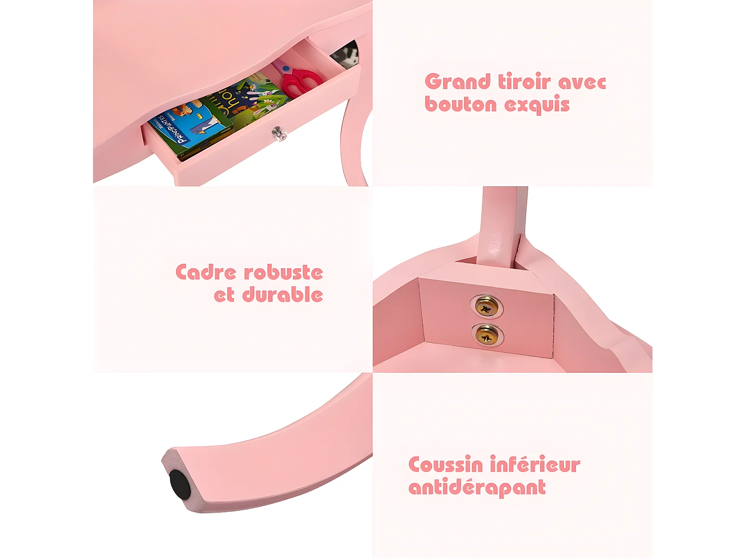 Coiffeuse Enfant Rose avec Tabouret, Table de Maquillage avec Miroir à Trois Panneaux et Tiroir, 70 x 34 x 103 CM, Rose
