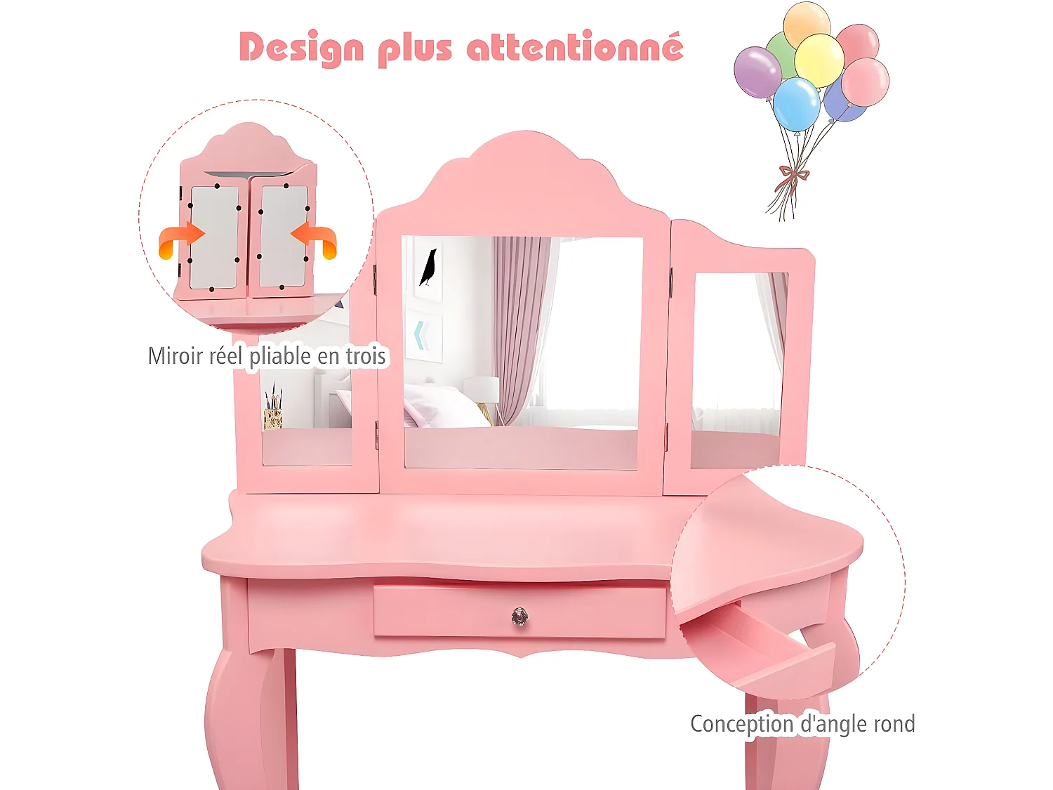 Coiffeuse Enfant Rose avec Tabouret, Table de Maquillage avec Miroir à Trois Panneaux et Tiroir, 70 x 34 x 103 CM, Rose