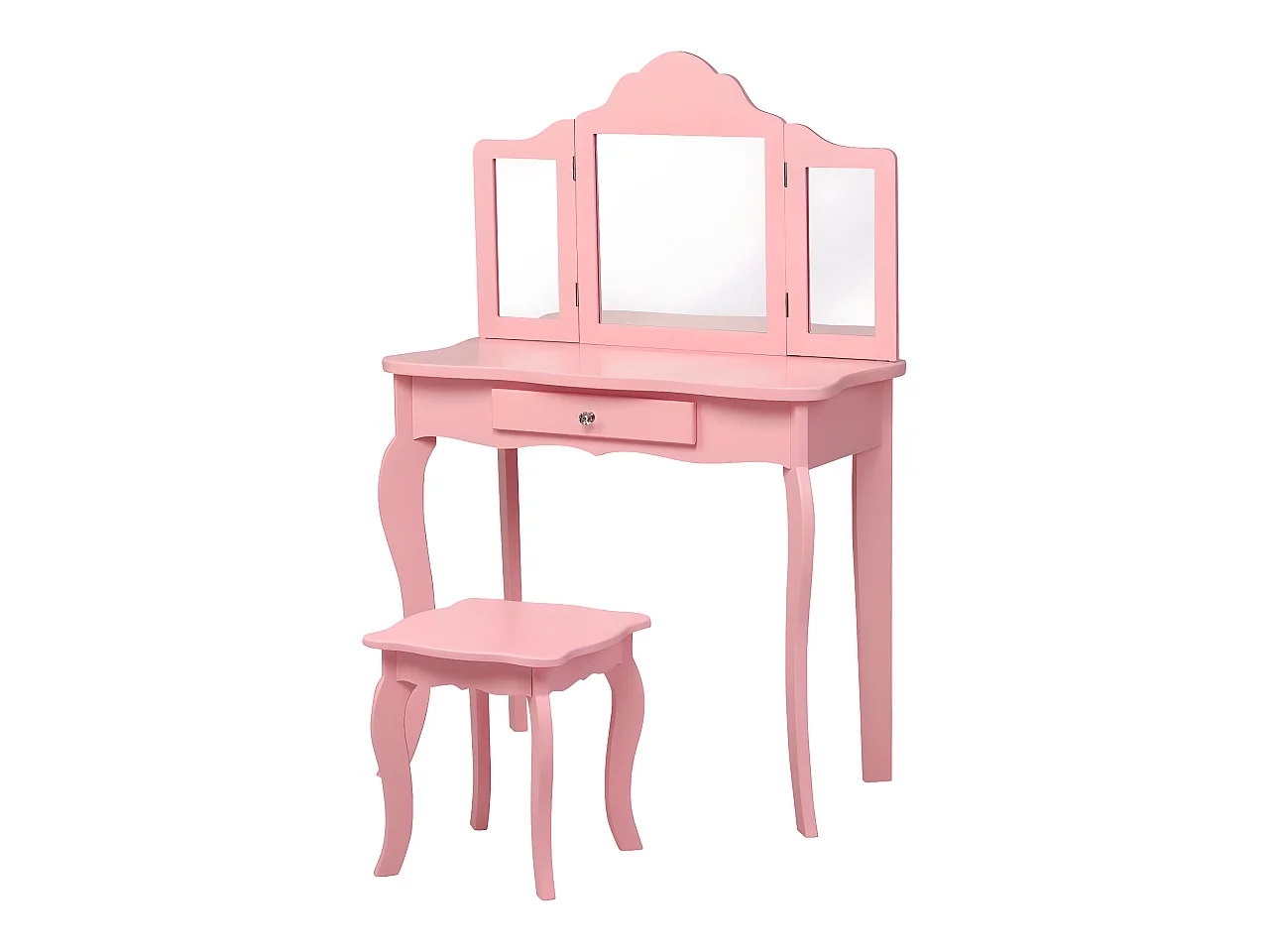 Coiffeuse Enfant Rose avec Tabouret, Table de Maquillage avec Miroir à Trois Panneaux et Tiroir, 70 x 34 x 103 CM, Rose
