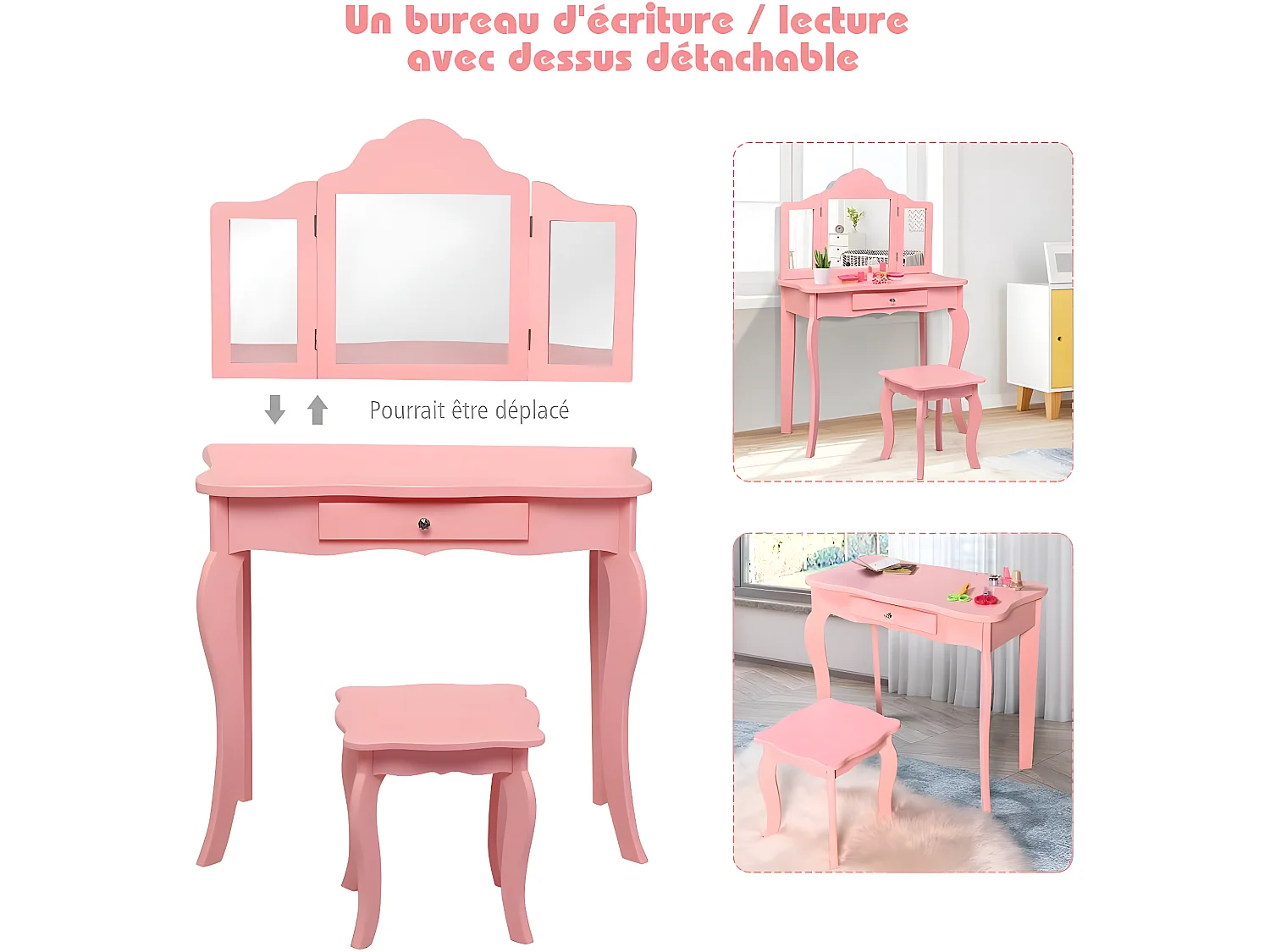 Coiffeuse Enfant Rose avec Tabouret, Table de Maquillage avec Miroir à Trois Panneaux et Tiroir, 70 x 34 x 103 CM, Rose