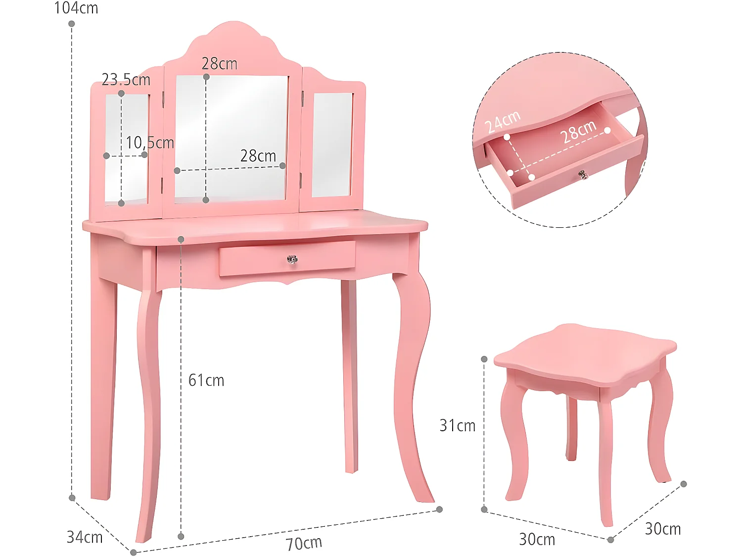 Coiffeuse Enfant Rose avec Tabouret, Table de Maquillage avec Miroir à Trois Panneaux et Tiroir, 70 x 34 x 103 CM, Rose
