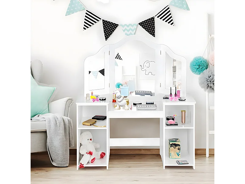 Coiffeuse pour Enfants 2 en 1 avec Miroir Amovible, Bureau Enfant avec 4 Étagères de Style Princesse pour Filles, Blanc