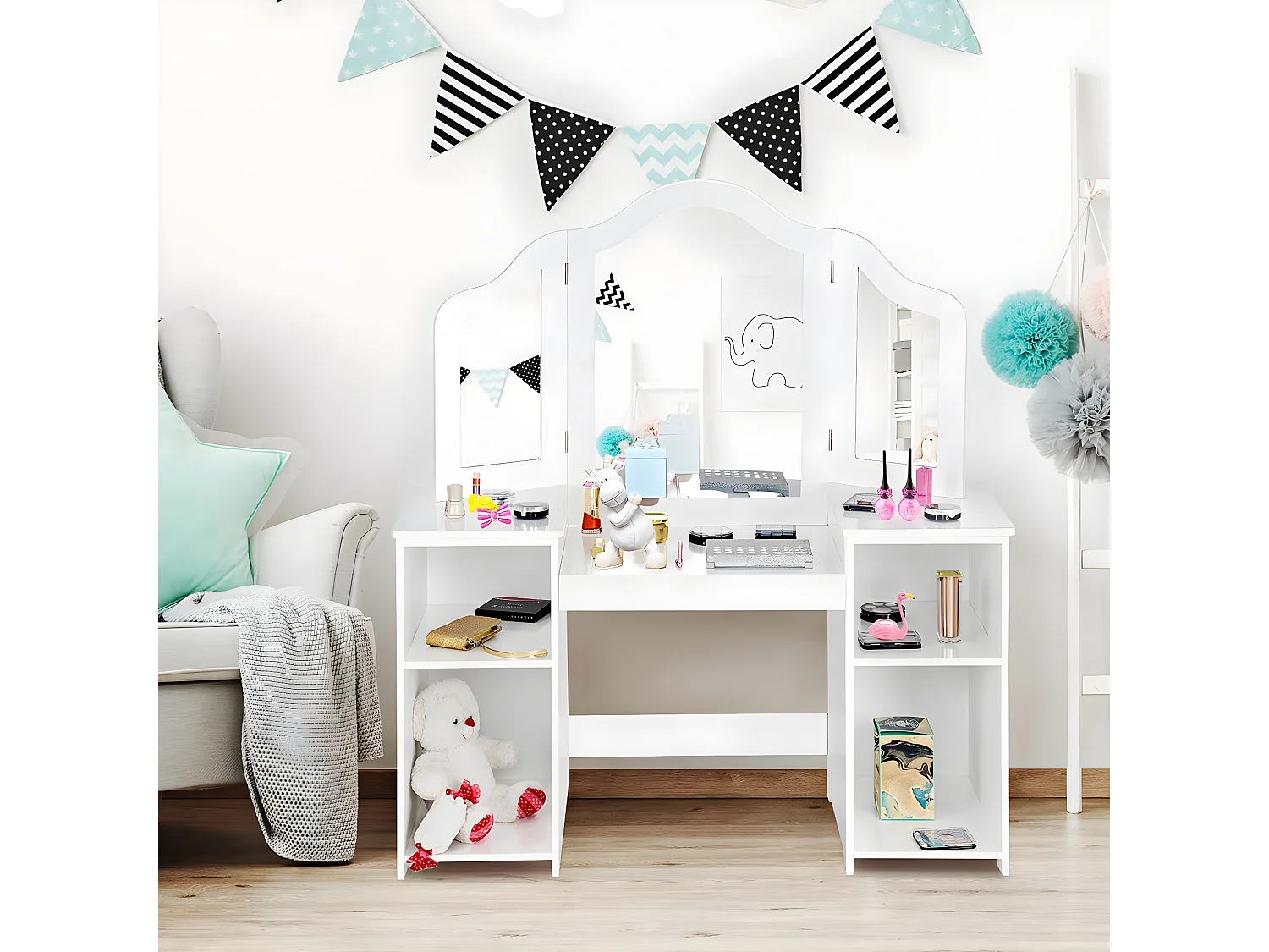 Coiffeuse pour Enfants 2 en 1 avec Miroir Amovible, Bureau Enfant avec 4 Étagères de Style Princesse pour Filles, Blanc