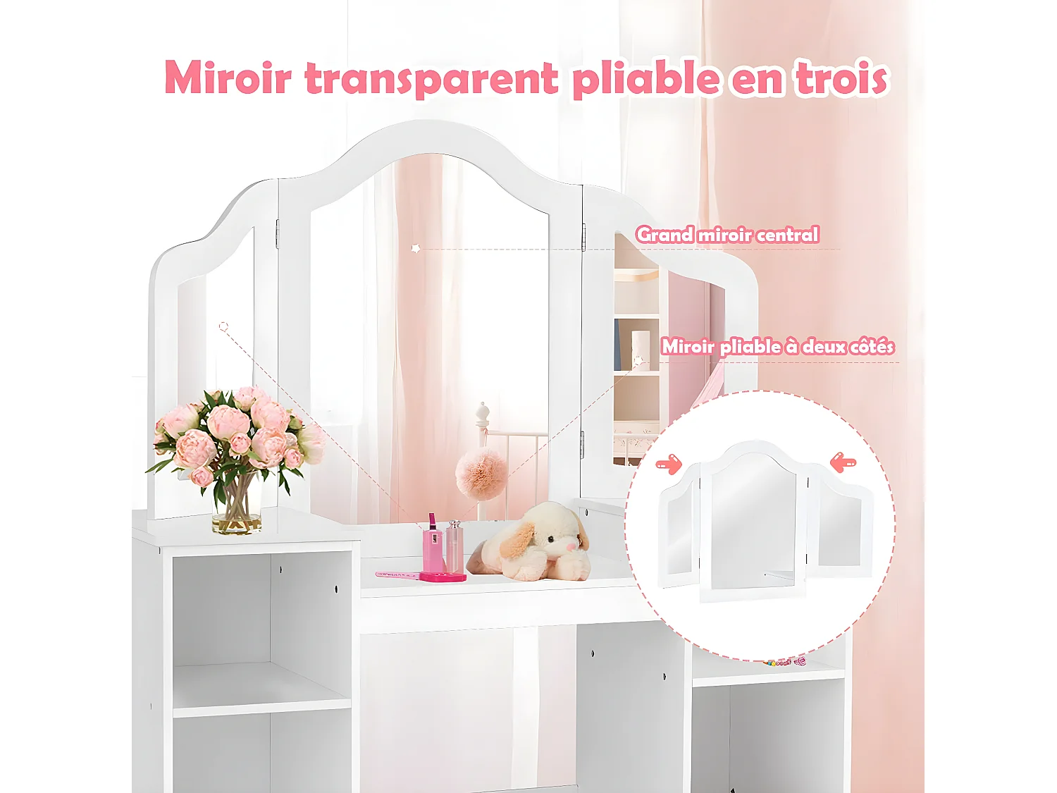 Coiffeuse pour Enfants 2 en 1 avec Miroir Amovible, Bureau Enfant avec 4 Étagères de Style Princesse pour Filles, Blanc