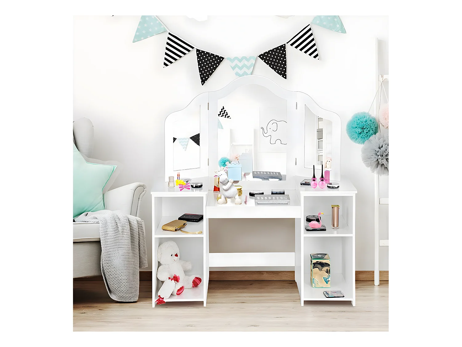 Coiffeuse pour Enfants 2 en 1 avec Miroir Amovible, Bureau Enfant avec 4 Étagères de Style Princesse pour Filles, Blanc