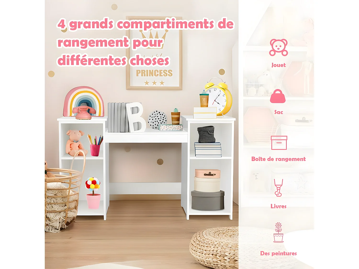 Coiffeuse pour Enfants 2 en 1 avec Miroir Amovible, Bureau Enfant avec 4 Étagères de Style Princesse pour Filles, Blanc