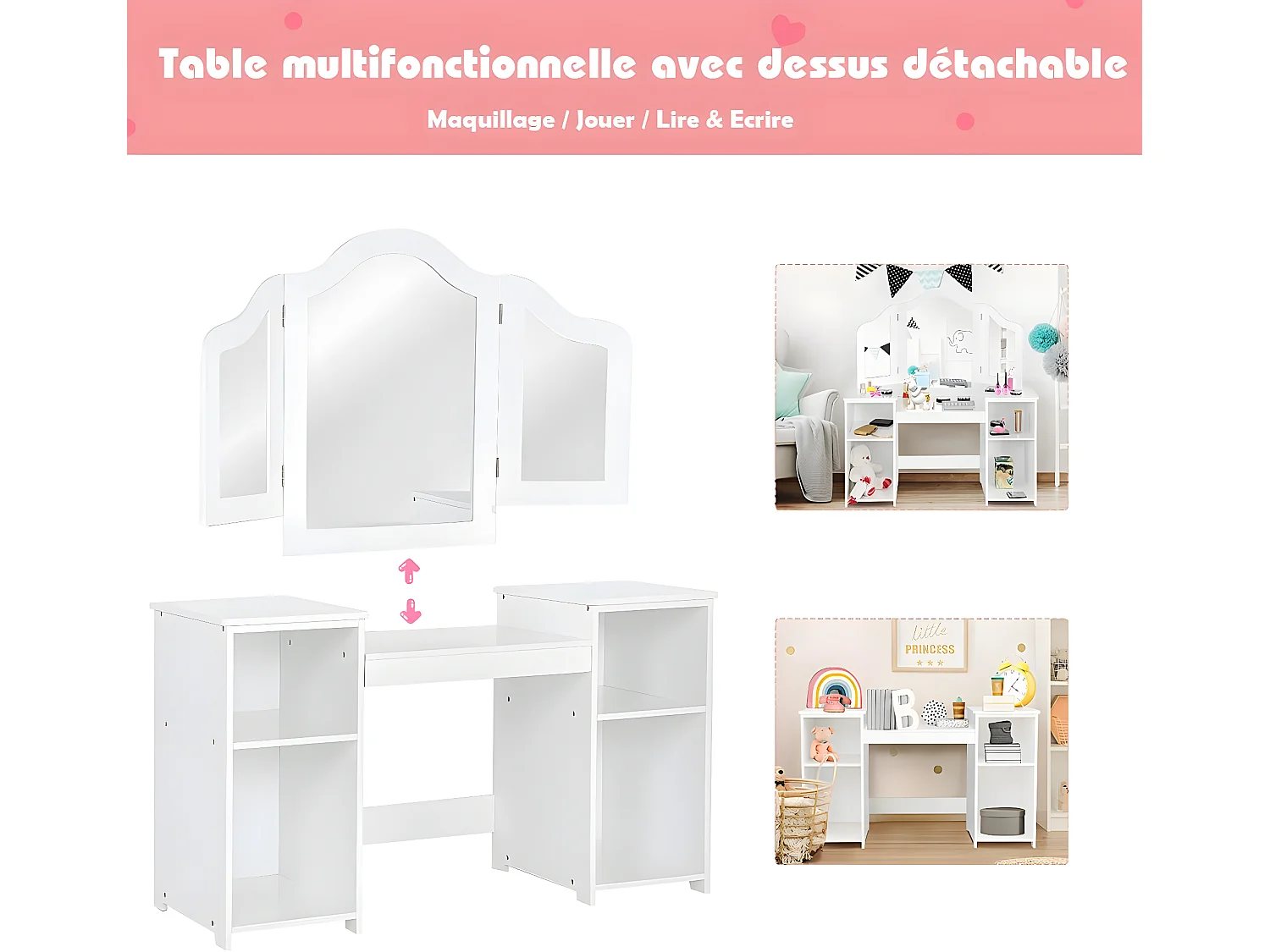 Coiffeuse pour Enfants 2 en 1 avec Miroir Amovible, Bureau Enfant avec 4 Étagères de Style Princesse pour Filles, Blanc