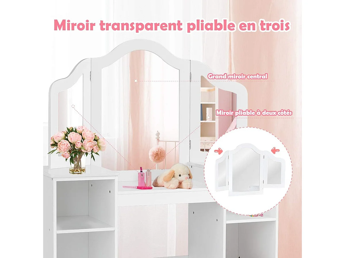 Coiffeuse pour Enfants 2 en 1 avec Miroir Amovible, Bureau Enfant avec 4 Étagères de Style Princesse pour Filles, Blanc