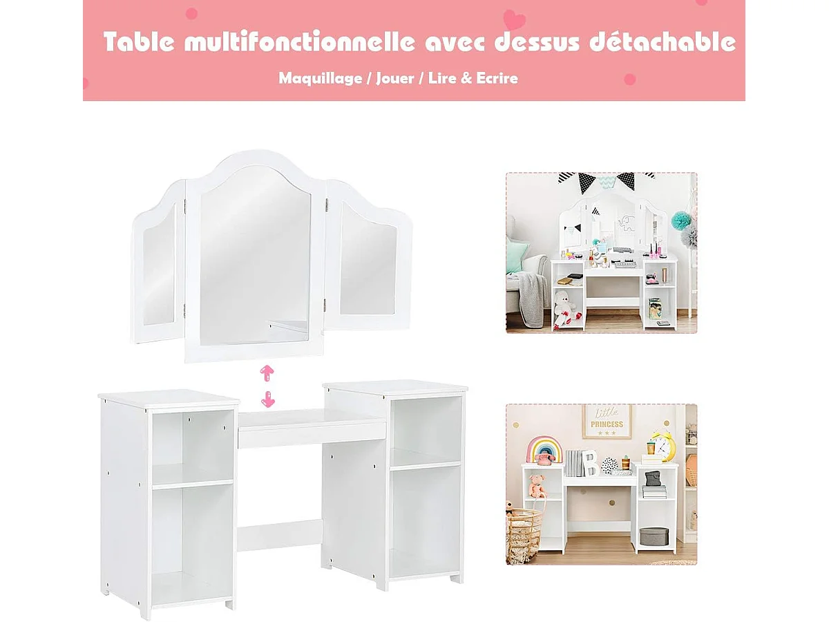 Coiffeuse pour Enfants 2 en 1 avec Miroir Amovible, Bureau Enfant avec 4 Étagères de Style Princesse pour Filles, Blanc