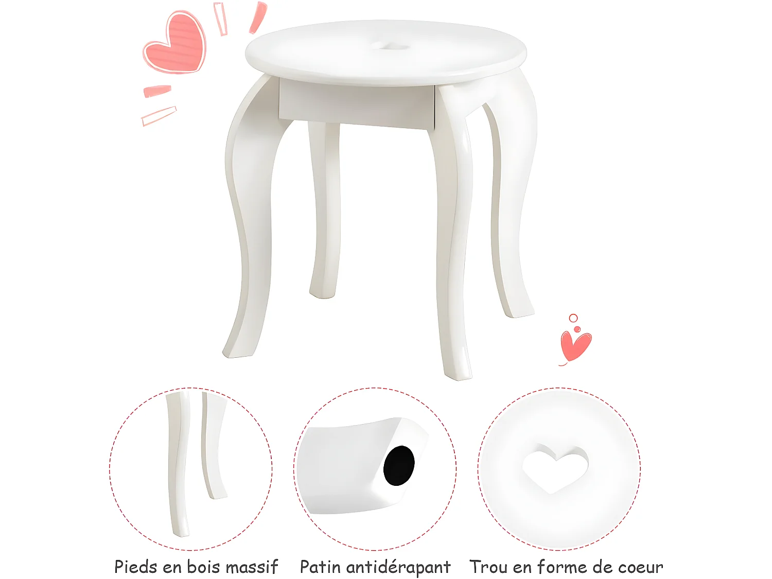 Coiffeuse pour Enfant avec Miroir, Inclus de Table de Maquillage et deTabouret, Dessus Amovible, Contemporain, 70 x 34 x 105 cm (Blanc)