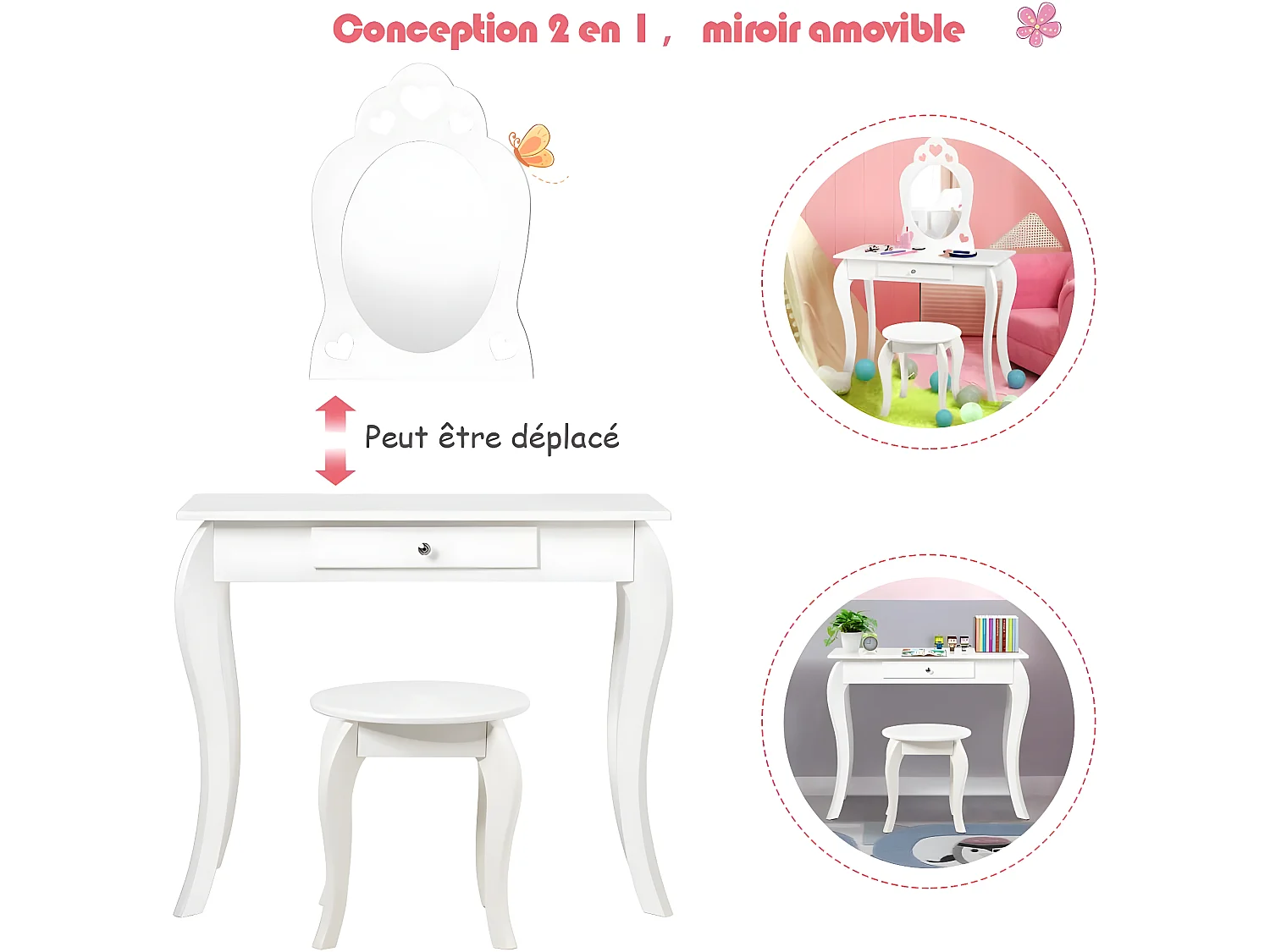 Coiffeuse pour Enfant avec Miroir, Inclus de Table de Maquillage et deTabouret, Dessus Amovible, Contemporain, 70 x 34 x 105 cm (Blanc)