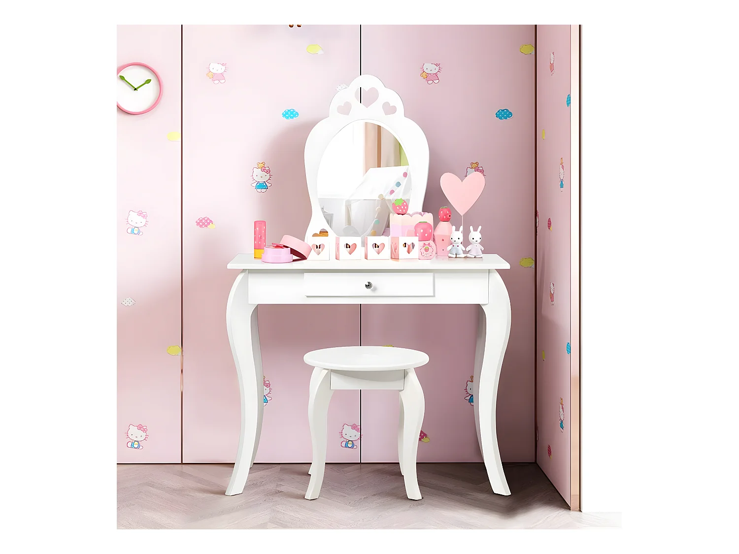 Coiffeuse pour Enfant avec Miroir, Inclus de Table de Maquillage et deTabouret, Dessus Amovible, Contemporain, 70 x 34 x 105 cm (Blanc)