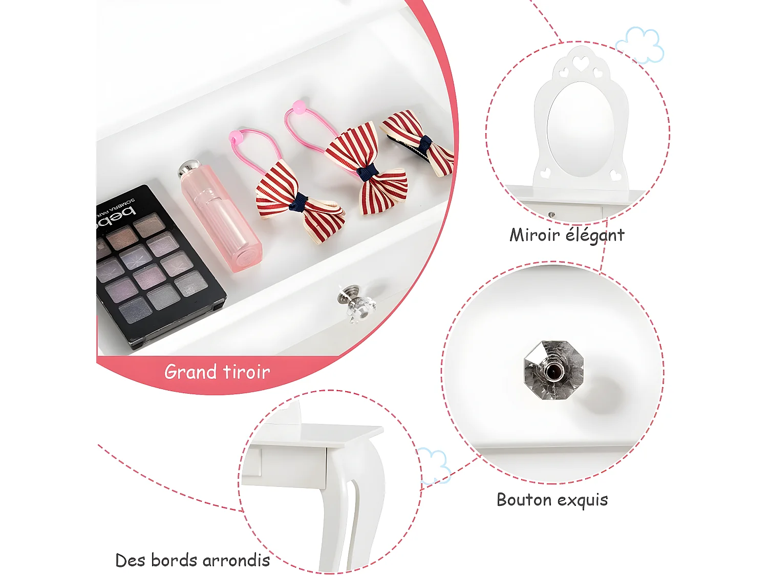 Coiffeuse pour Enfant avec Miroir, Inclus de Table de Maquillage et deTabouret, Dessus Amovible, Contemporain, 70 x 34 x 105 cm (Blanc)