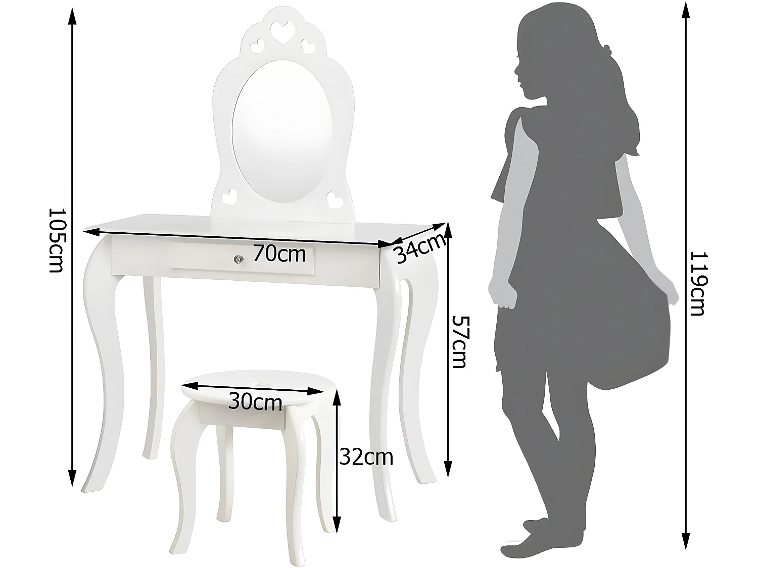 Coiffeuse pour Enfant avec Miroir, Inclus de Table de Maquillage et deTabouret, Dessus Amovible, Contemporain, 70 x 34 x 105 cm (Blanc)