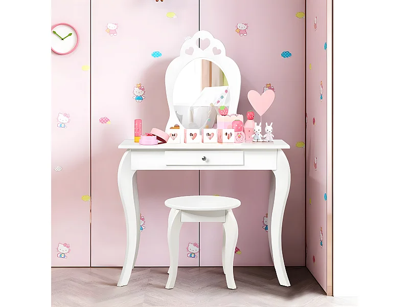 Coiffeuse pour Enfant avec Miroir, Inclus de Table de Maquillage et deTabouret, Dessus Amovible, Contemporain, 70 x 34 x 105 cm (Blanc)