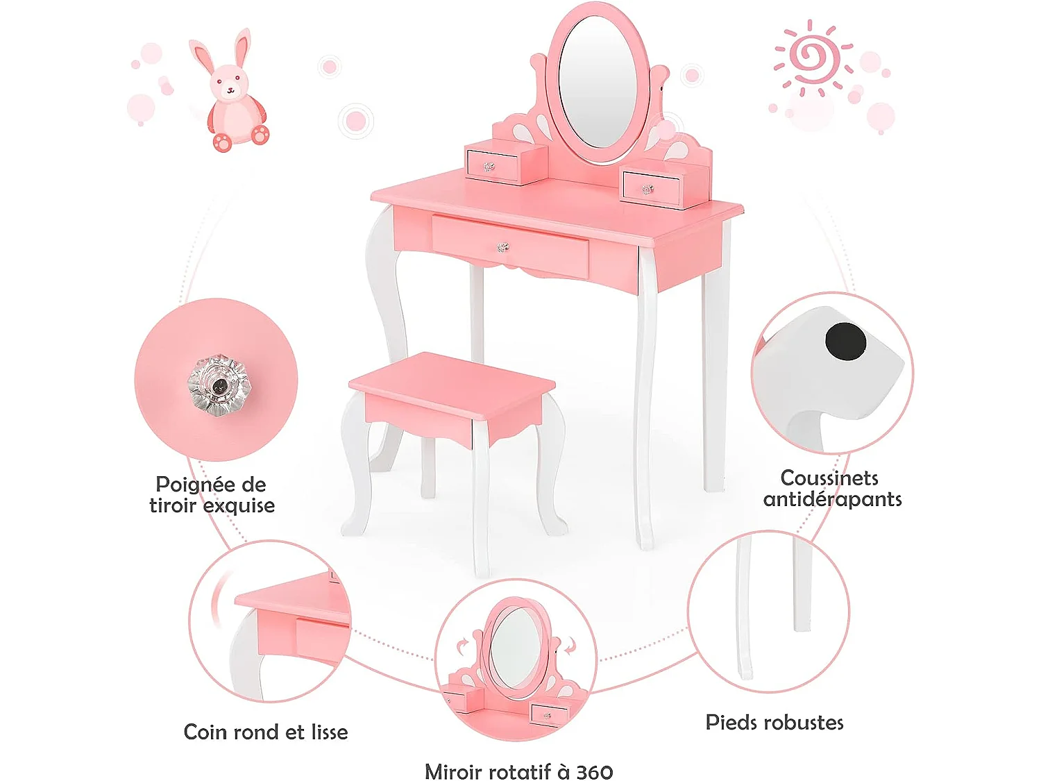 Coiffeuse avec Tabouret pour Enfants de Style Princesse avec Miroir Pivotant à 360° Amovible et 3 Tiroirs Rose et Blanc