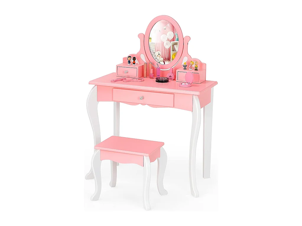 Coiffeuse avec Tabouret pour Enfants de Style Princesse avec Miroir Pivotant à 360° Amovible et 3 Tiroirs Rose et Blanc