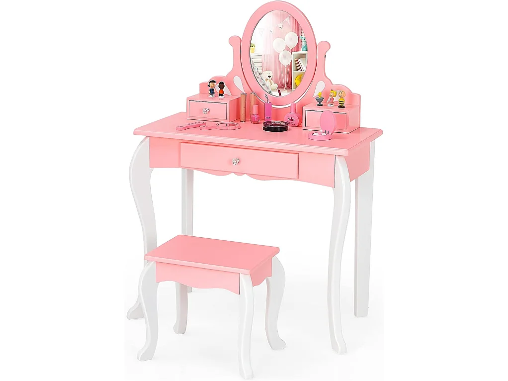 Coiffeuse avec Tabouret pour Enfants de Style Princesse avec Miroir Pivotant à 360° Amovible et 3 Tiroirs Rose et Blanc