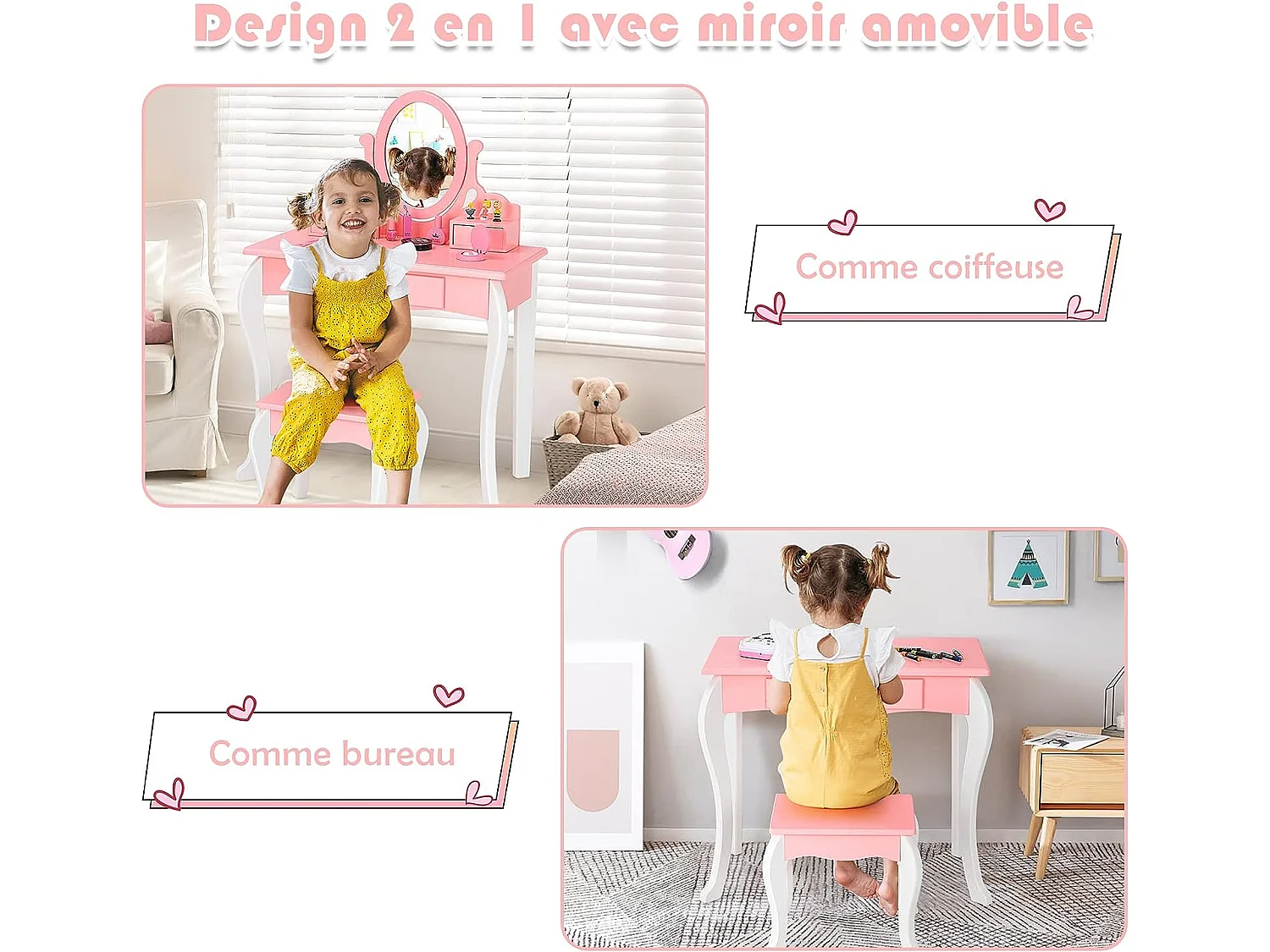 Coiffeuse avec Tabouret pour Enfants de Style Princesse avec Miroir Pivotant à 360° Amovible et 3 Tiroirs Rose et Blanc
