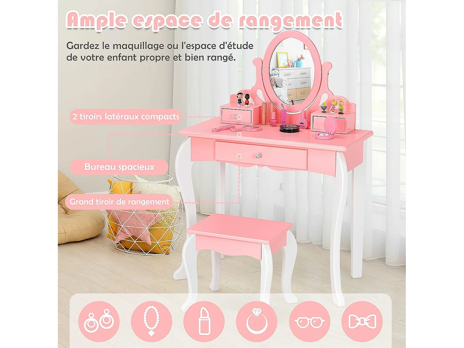 Coiffeuse avec Tabouret pour Enfants de Style Princesse avec Miroir Pivotant à 360° Amovible et 3 Tiroirs Rose et Blanc