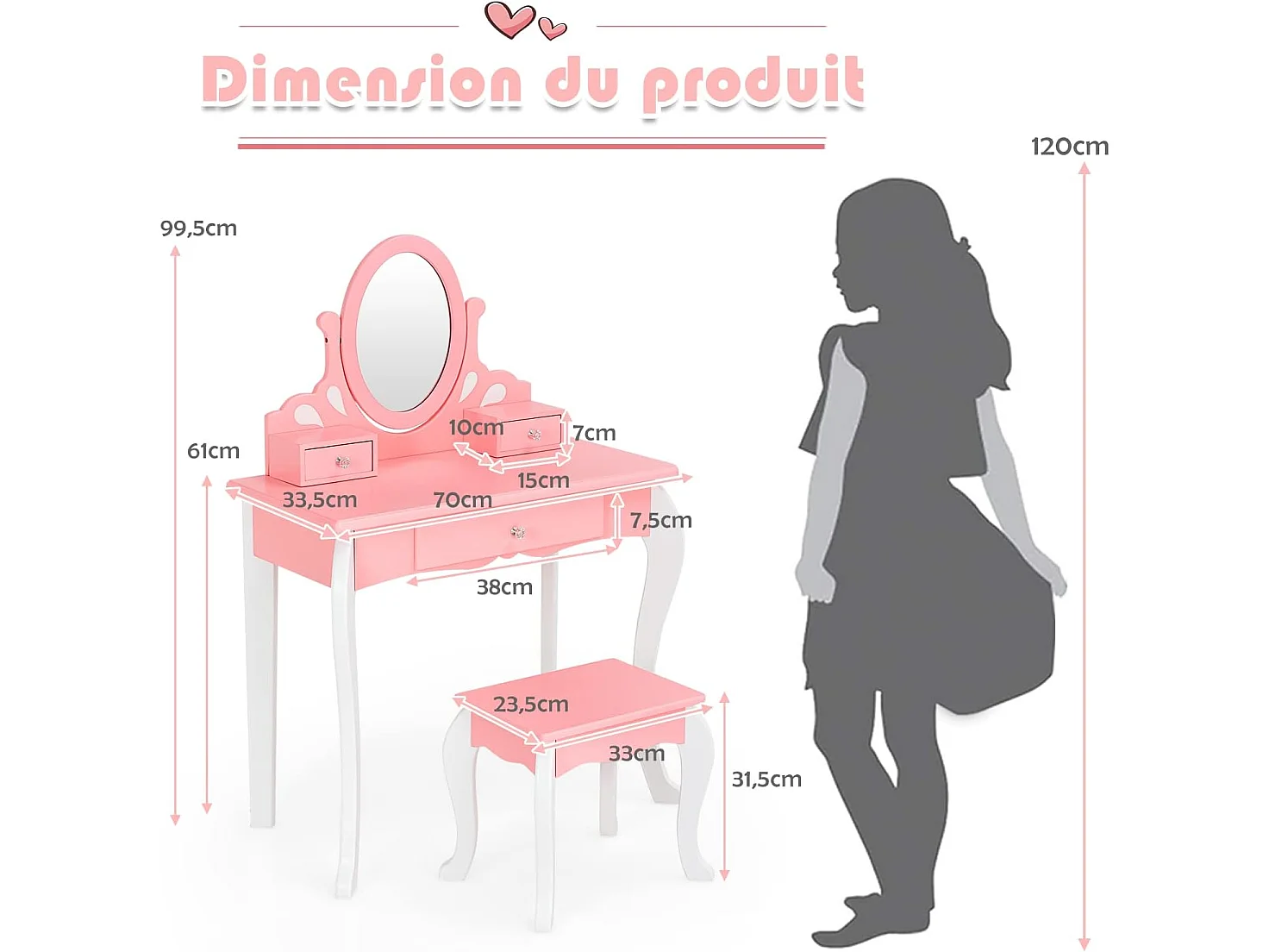 Coiffeuse avec Tabouret pour Enfants de Style Princesse avec Miroir Pivotant à 360° Amovible et 3 Tiroirs Rose et Blanc