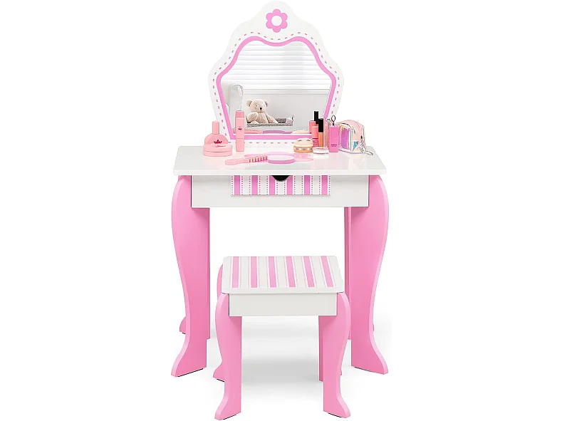 Coiffeuse pour Enfants avec Miroir et Tabouret en Bois - Style Princesse Cadeau pour Filles Rose