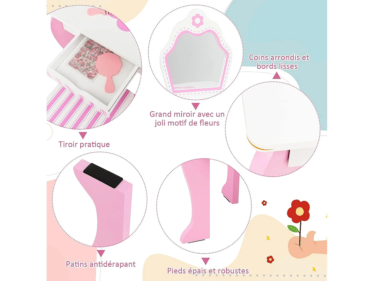 Coiffeuse pour Enfants avec Miroir et Tabouret en Bois - Style Princesse Cadeau pour Filles Rose