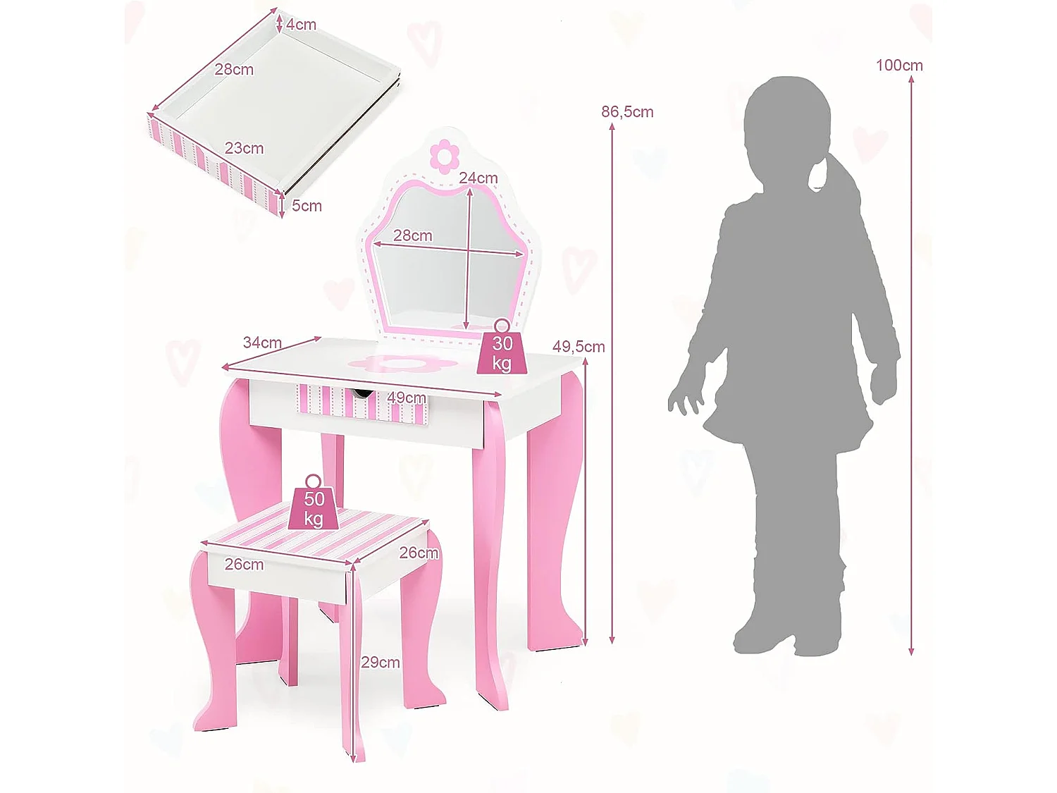 Coiffeuse pour Enfants avec Miroir et Tabouret en Bois - Style Princesse Cadeau pour Filles Rose