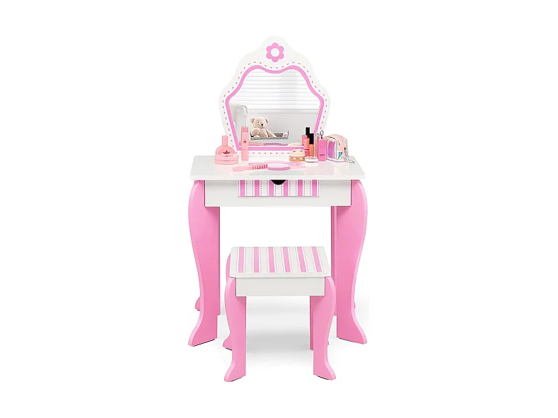 Coiffeuse pour Enfants avec Miroir et Tabouret en Bois - Style Princesse Cadeau pour Filles Rose