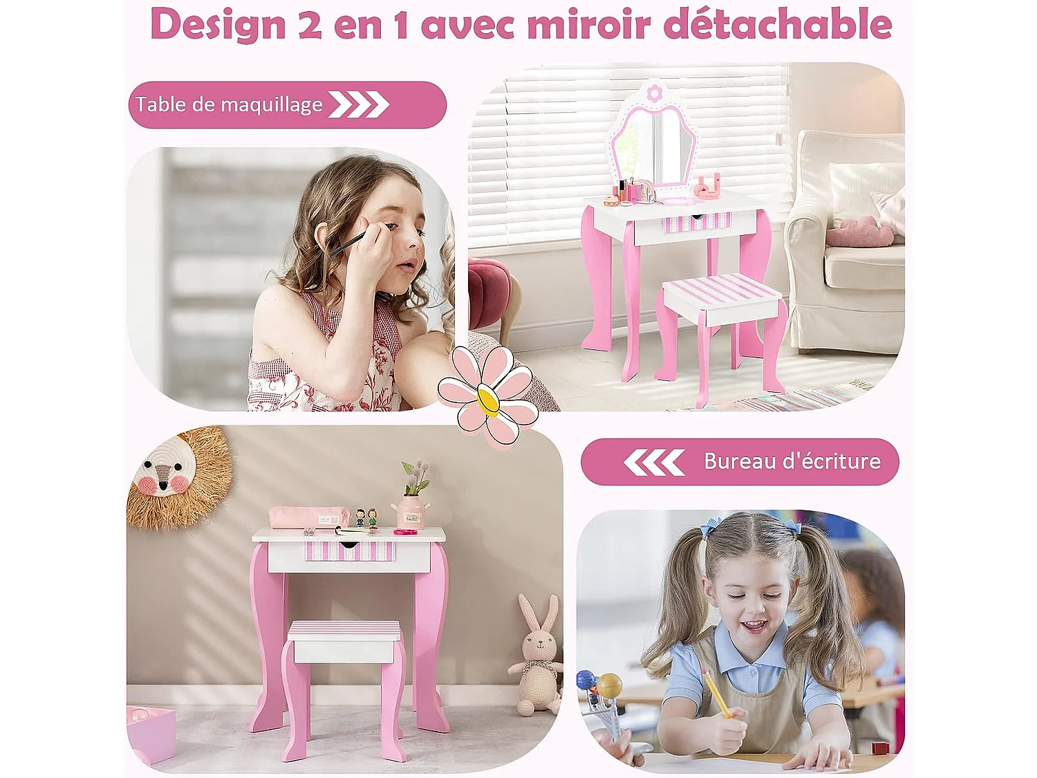 Coiffeuse pour Enfants avec Miroir et Tabouret en Bois - Style Princesse Cadeau pour Filles Rose