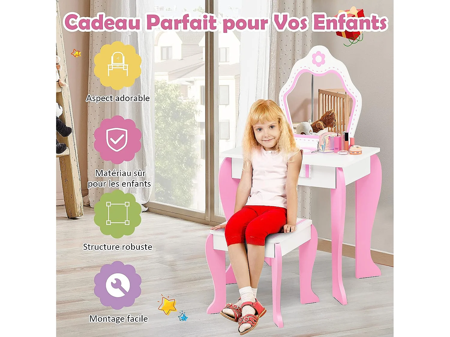 Coiffeuse pour Enfants avec Miroir et Tabouret en Bois - Style Princesse Cadeau pour Filles Rose