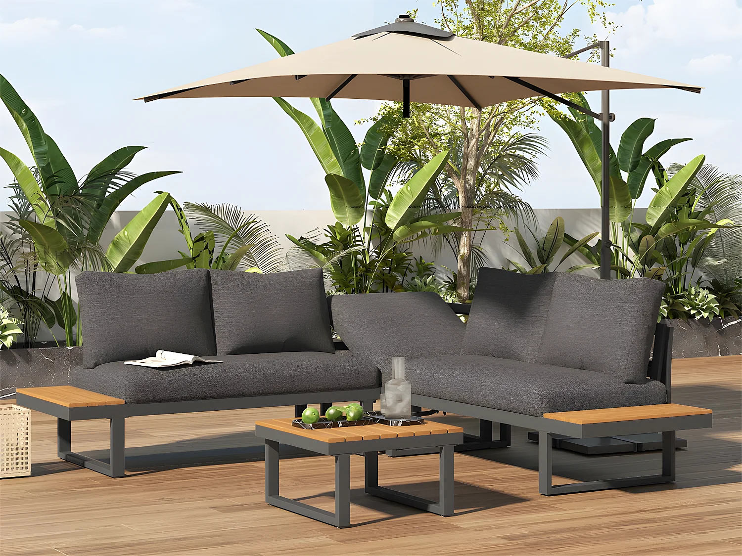 Salon de Jardin en Acier galvanisé gris - 5 places - 2 canapés，1 siège d'angle inclinable et 1 table basse - Gris