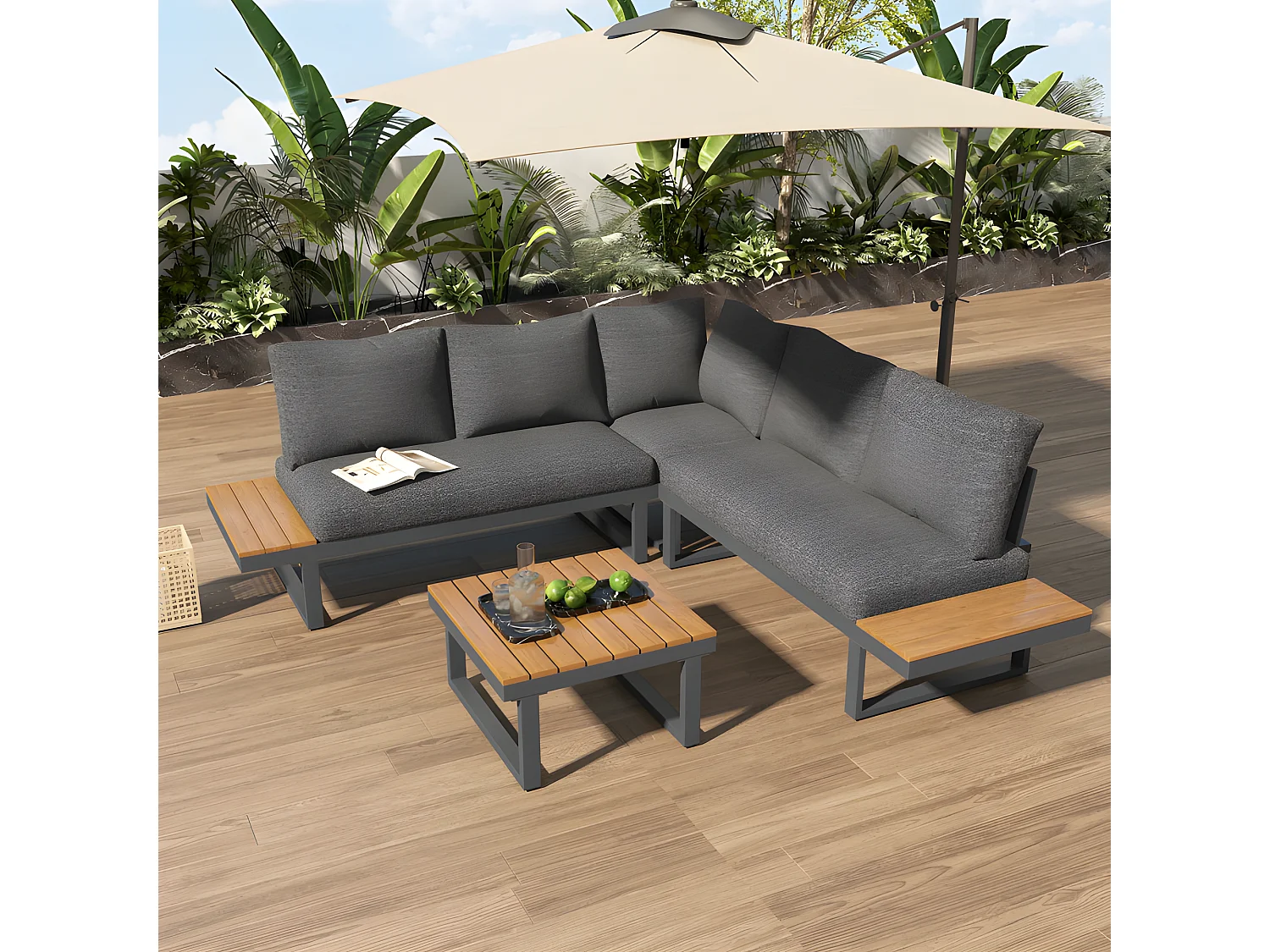 Salon de Jardin en Acier galvanisé gris - 5 places - 2 canapés，1 siège d'angle inclinable et 1 table basse - Gris