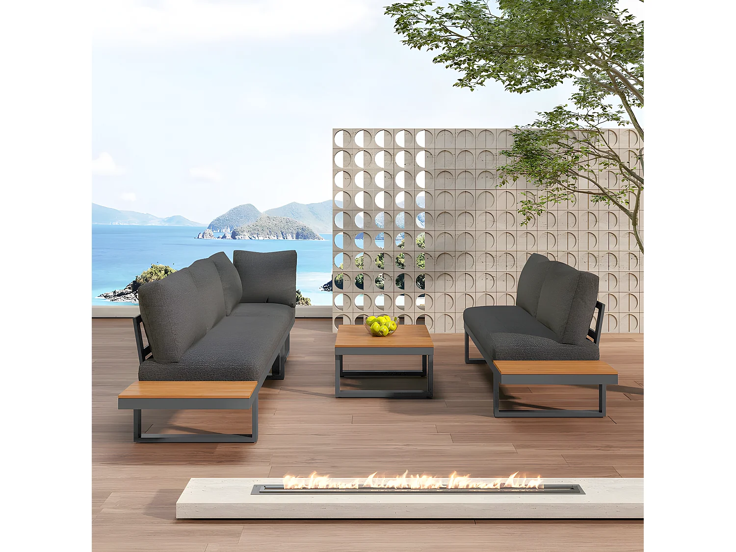 Salon de Jardin en Acier galvanisé gris - 5 places - 2 canapés，1 siège d'angle inclinable et 1 table basse - Gris