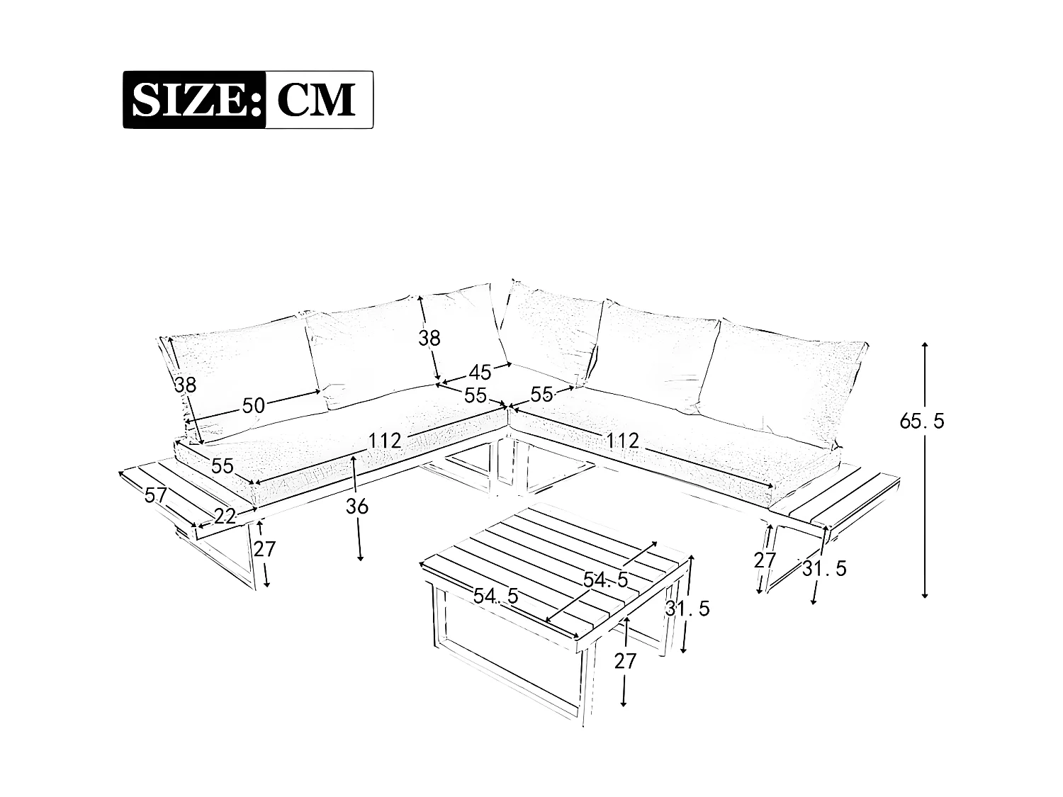 Salon de Jardin en Acier galvanisé gris - 5 places - 2 canapés，1 siège d'angle inclinable et 1 table basse - Gris