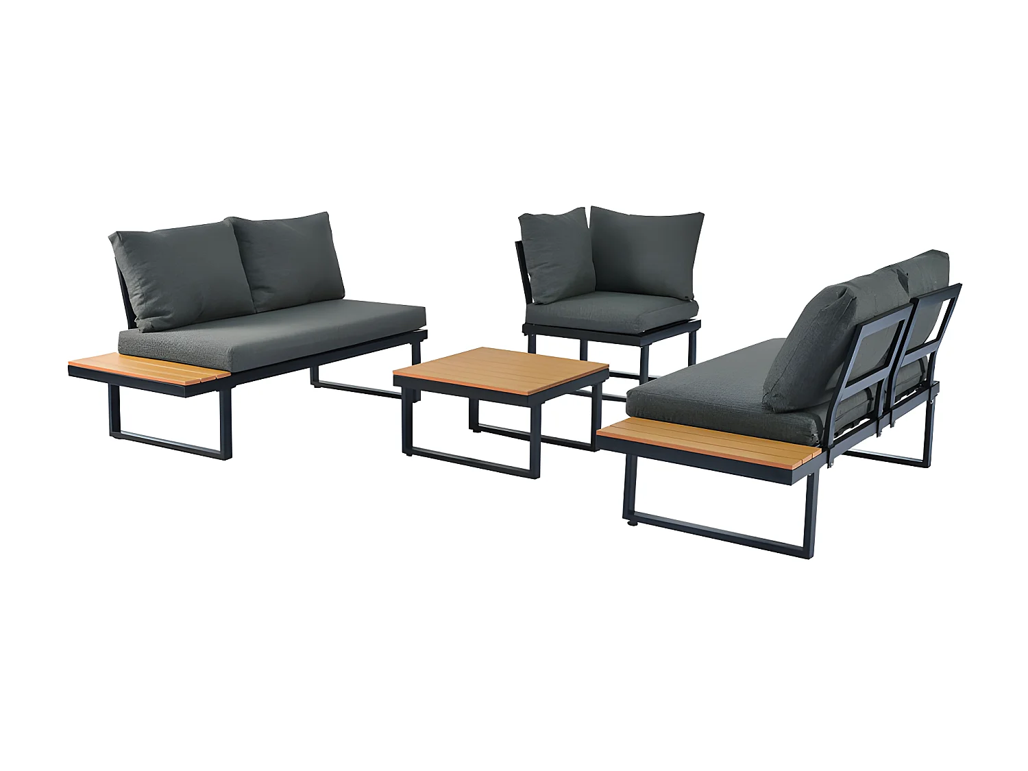 Salon de Jardin en Acier galvanisé gris - 5 places - 2 canapés，1 siège d'angle inclinable et 1 table basse - Gris