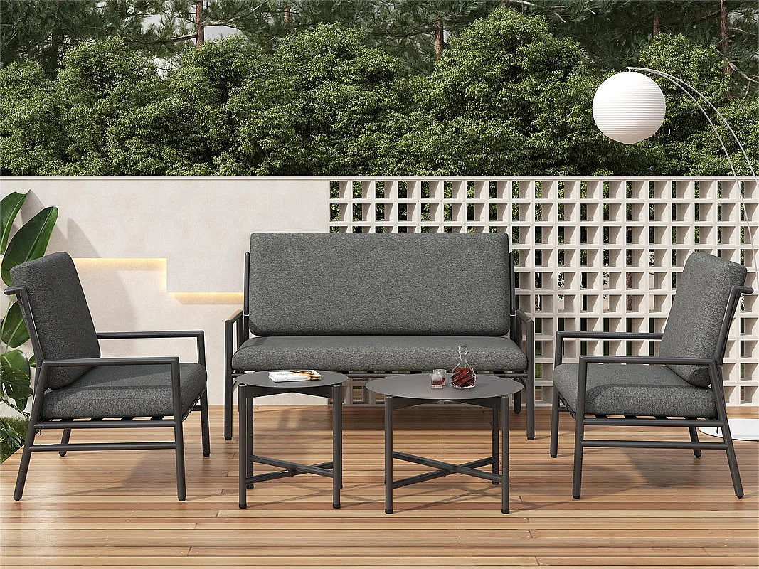Salon de Jardin en Acier galvanisé noir - 4 places - canapé，2 fauteuils et 2 tables basses - Gris