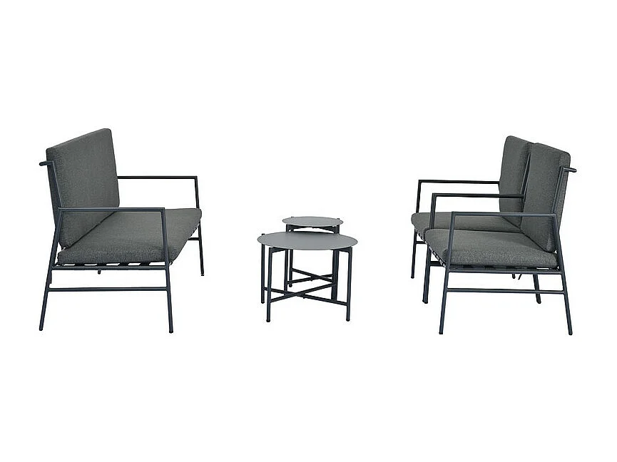 Salon de Jardin en Acier galvanisé noir - 4 places - canapé，2 fauteuils et 2 tables basses - Gris