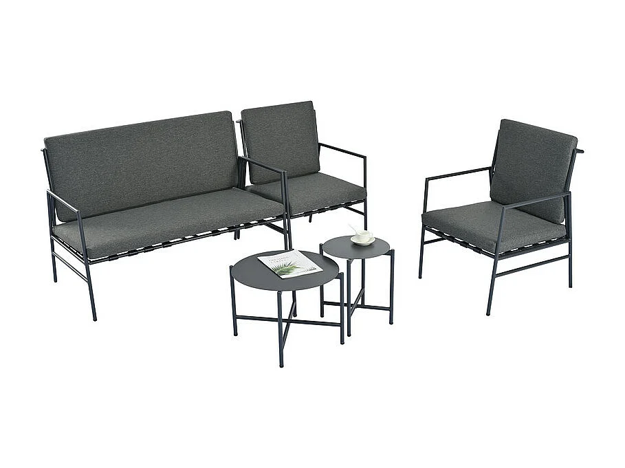 Salon de Jardin en Acier galvanisé noir - 4 places - canapé，2 fauteuils et 2 tables basses - Gris